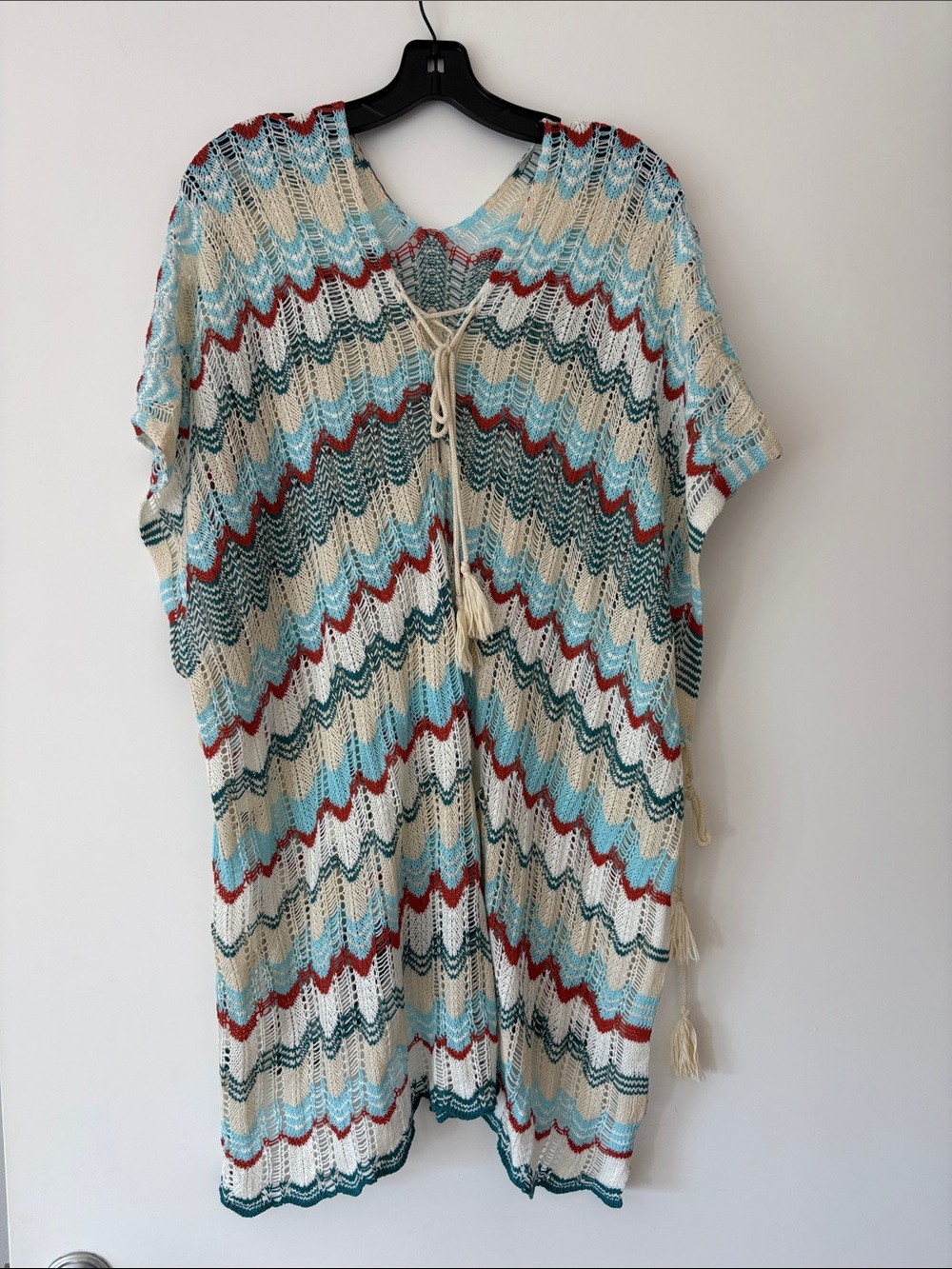 Boho Crochet Tie-Front Tunic in Cream, Blue & Red